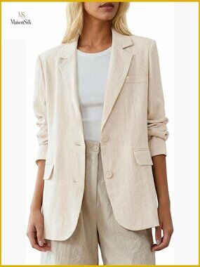 Lightweight Linen-Blend Blazer, Long Sleeve Open Front, Casual Work Pocket
